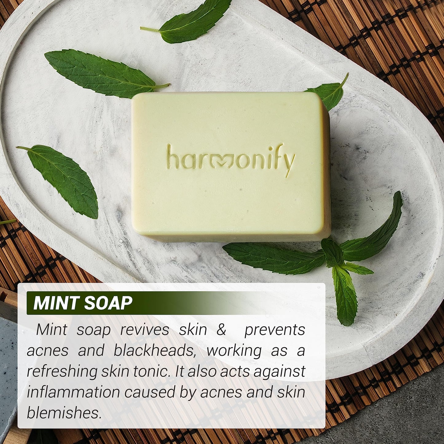 HARMONIFY All Natural Set of 3 Soap Bars, Mint, Coconut, Actived Charcoal with Wooden Soap Dish, Assortment of Hand-Made Soaps, Skin Revitalizing, Moisturizing, Healthy, Made in Europe