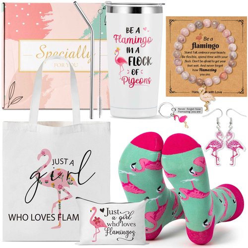 Y1tvei Flamingo Canvas Bag Gifts - 11Pcs Just A Girl Who Love Flamingos Canvas Tote Bag Makeup Pouch, Thermos Cup Stockings Pink Bracelet Card Adorable Earrings Keychain, Flamingo Lover Gift for Girls