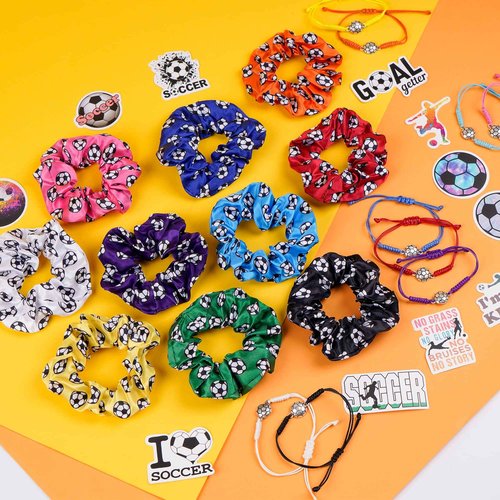 Kolewo4ever Soccer Party Favor Set with 20 Pcs Satin Soccer Scrunchies Hair Ties,20 Pcs Adjustable Soccer Bracelet and 100 Pcs Soccer Stickers Soccer Birthday Party Decoration for Sports Themed Party