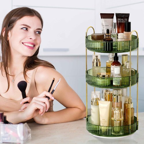 Weidace 360 Rotating Makeup Organizer for Vanity, Bathroom Countertop Spinning Perfume Organizer, High-Capacity Cosmetic and Skincare Dresser Make Up Holder Rack (3 Tiers, Green)
