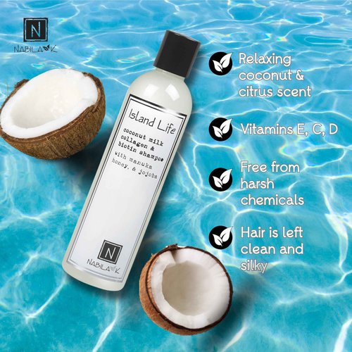 Nabila K Collagen & Biotin Shampoo, 9 oz – Island Life – Coconut Milk, Manuka Honey & Jojoba – Cleansing, Hydrating, Color-Safe – Sulfate-Free