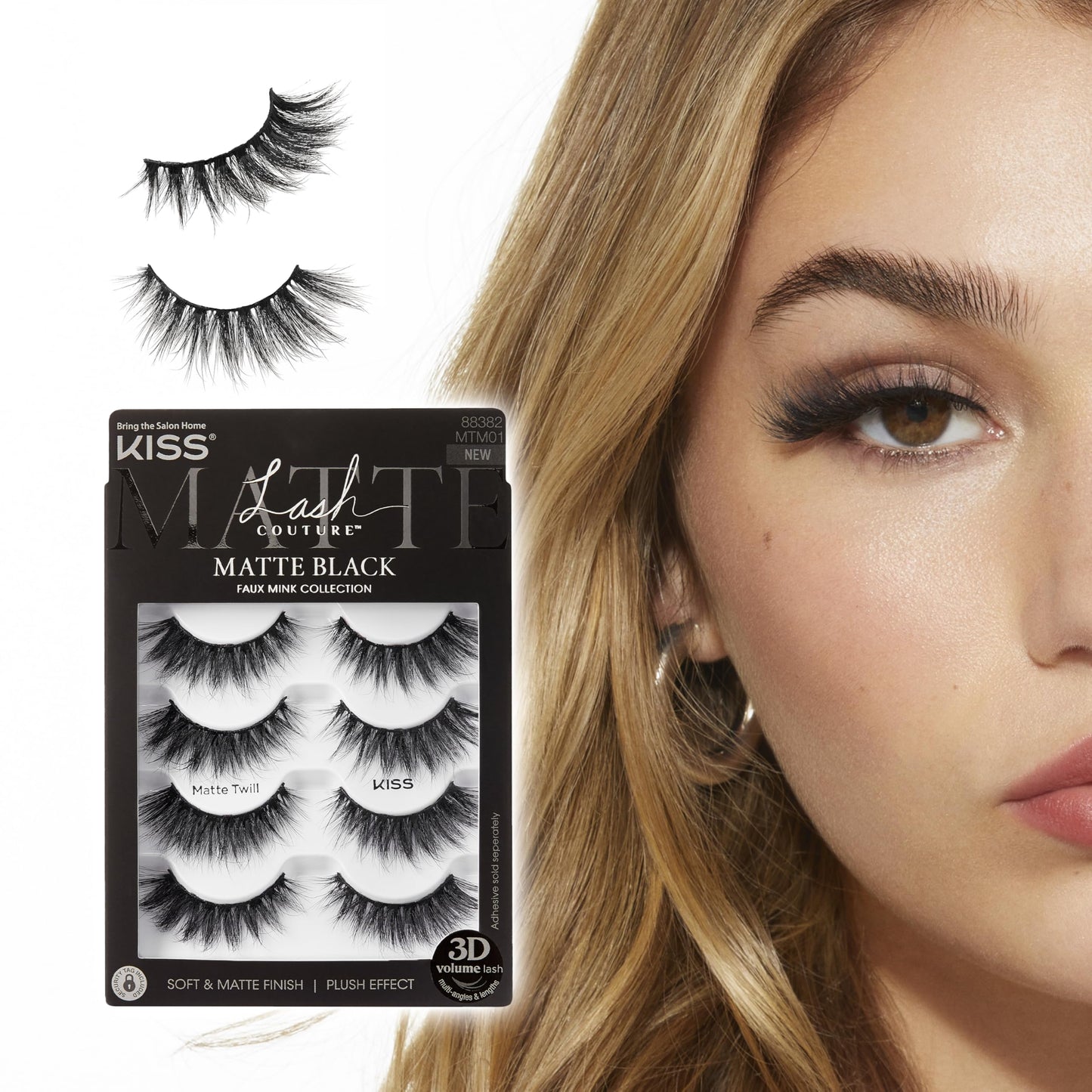 KISS Lash Couture Matte Black Faux Mink Eyelashes Multipack, Matte Twill, Black, Natural Looking, Cruelty-Free & Vegan, Holds Curl, Comfortable, Seamless, Knot-Free Band | 4 Pairs