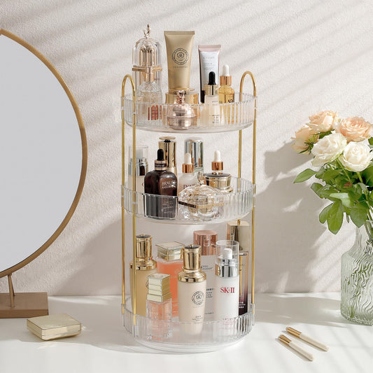 Rotating Makeup Organizer for Vanity, Large Skincare Make Up Storage Perfume Organizers for Bathroom Counter, Clear Cosmetic Dresser Organizer, Lipstick Toiletry Spinning Holder (3 Tiers, White)