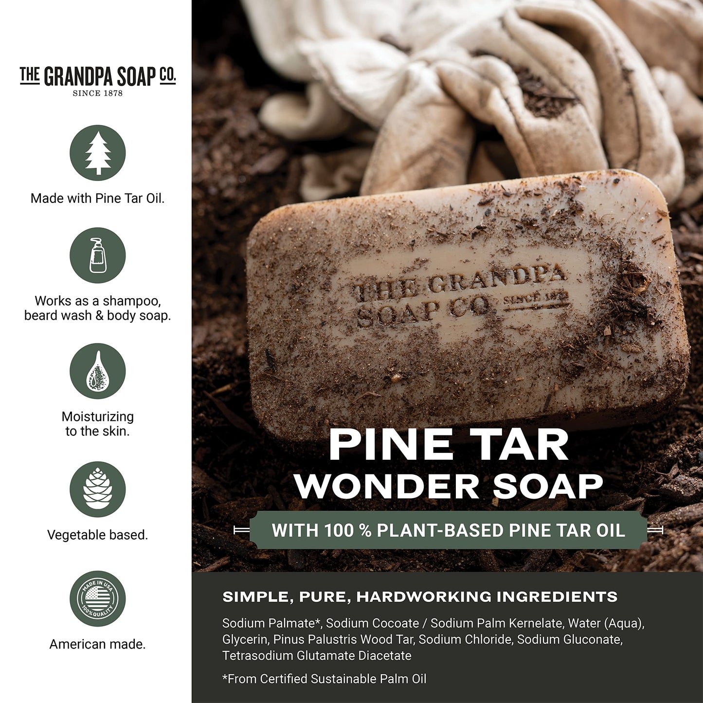 The Grandpa Soap Company Pine Tar Bar Soap for Men- Made With 100% Plant-Based Pine Tar Oil, 3 in 1 Cleanser Deodorizer and Moisturizer, Dermatologist Tested, Safe for Sensitive Skin, 3.25 Oz, 3 Pack