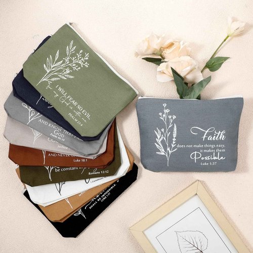 Huhumy 10 Pcs Christian Gifts for Women Bulk Religious Cosmetic Bags Inspirational Bible Verse Pencil Pouch Canvas Makeup Bags for Christmas Goodie Bag Church Favors(Morandi,Bible)