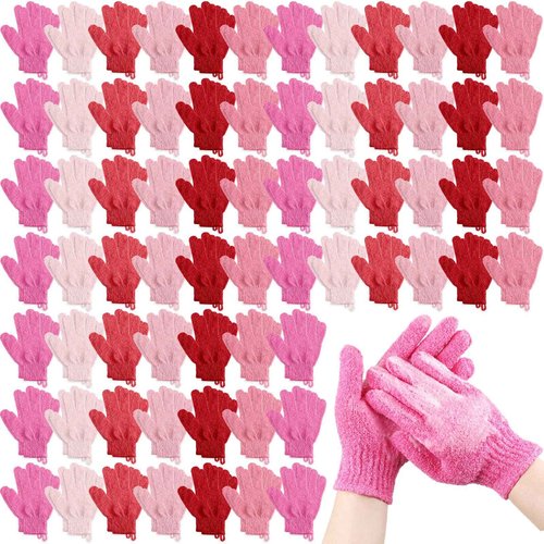 Cuffbow 90 Pcs 45 Pairs Exfoliating Double Sided Bath Gloves with Hanging Loop Colorful Body Shower Gloves for Men Women Beauty Spa Massage Shower Clean Skin Bathing Scrubber Accessories(Pink)