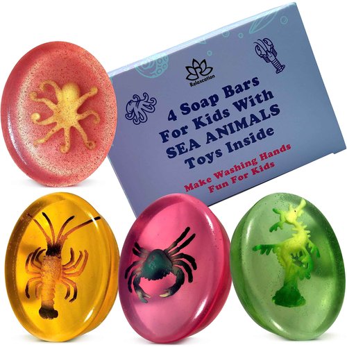 4 Natural Kids Soap Bars For Kids with SEA ANIMALS TOYS Inside for Hand, Face, and Body Wash - Natural Soaps with Surprise Packed in a Gift Box - MADE IN USA