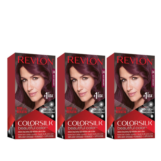 Revlon Permanent Hair Color, Permanent Hair Dye, Colorsilk with 100% Gray Coverage, Ammonia-Free, Keratin and Amino Acids, 34 Deep Burgandy, 4.4 Oz (Pack of 3)