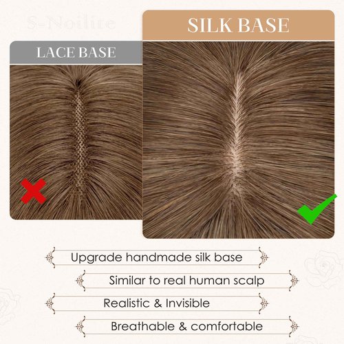 S-noilite Human Hair Toppers for Women with Bangs 100% Real Human Hairpiece 5"x3" Clip in Silk Base Topper Piece Cover Thinning Fine Hair 10 inch Chestnut Brown