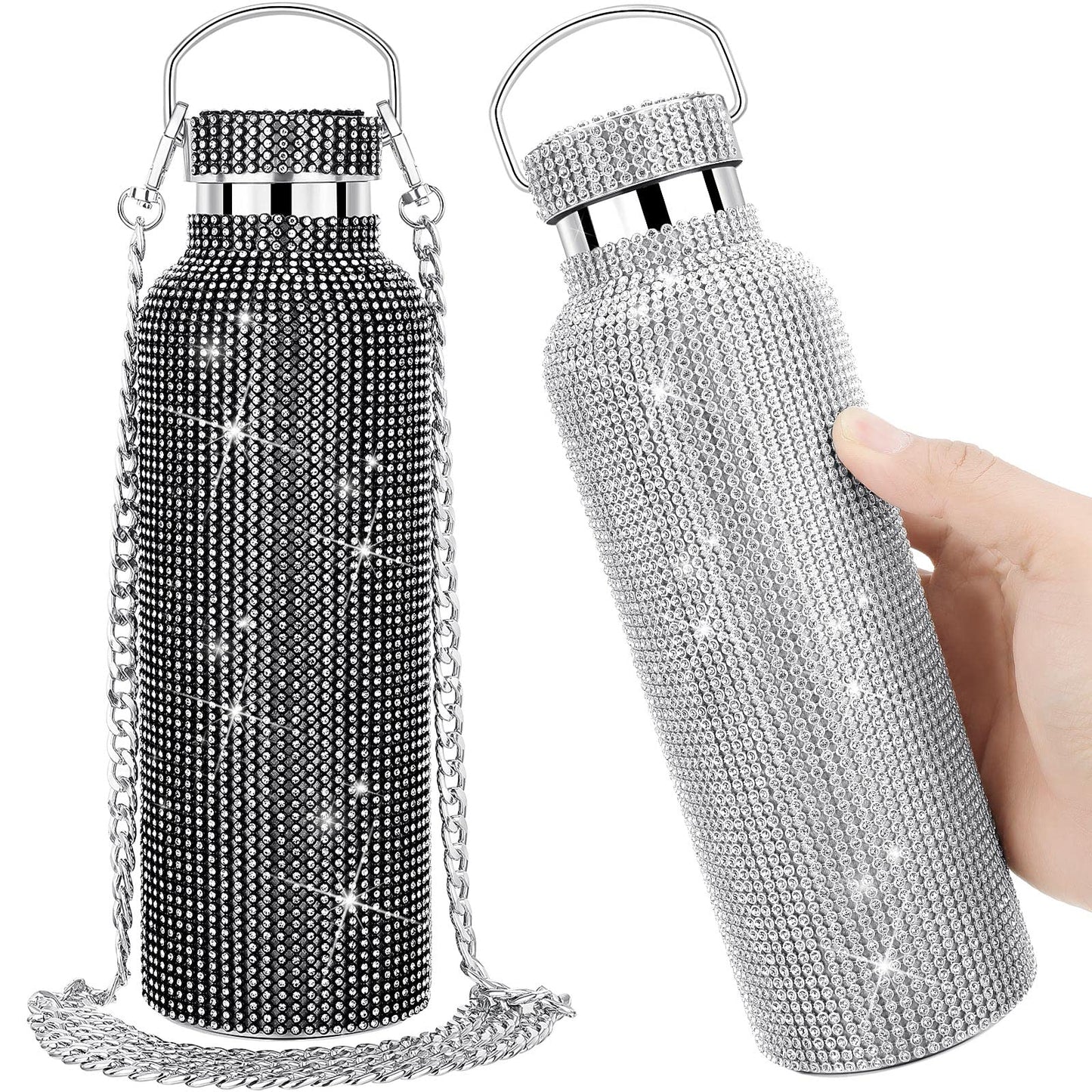 2 Pieces Bling Water Bottle Diamond Water Bottle Rhinestone Glitter Water Bottle with Chain Stainless Steel Thermal Bottle Bedazzled Refillable Water Bottle Gift for Women Girl (25 oz, Black, Silver)