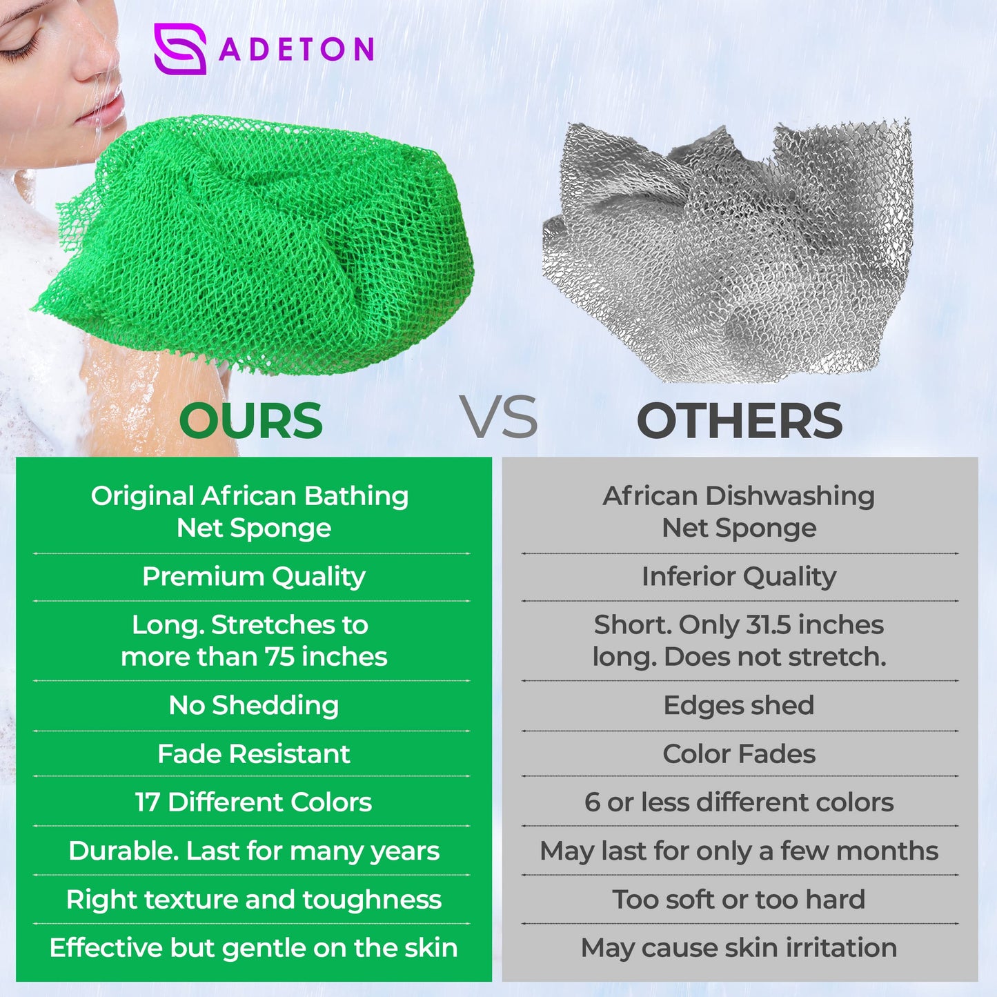 Adeton Sapo African Net Sponge, Exfoliating Body Scrubber, Body Exfoliator, Long Net Sponge, 17 Colors, Shower Bath Accessories, Back Foot Scalp Scrub, Flat Dead Skin Remover Body Wash (Green)