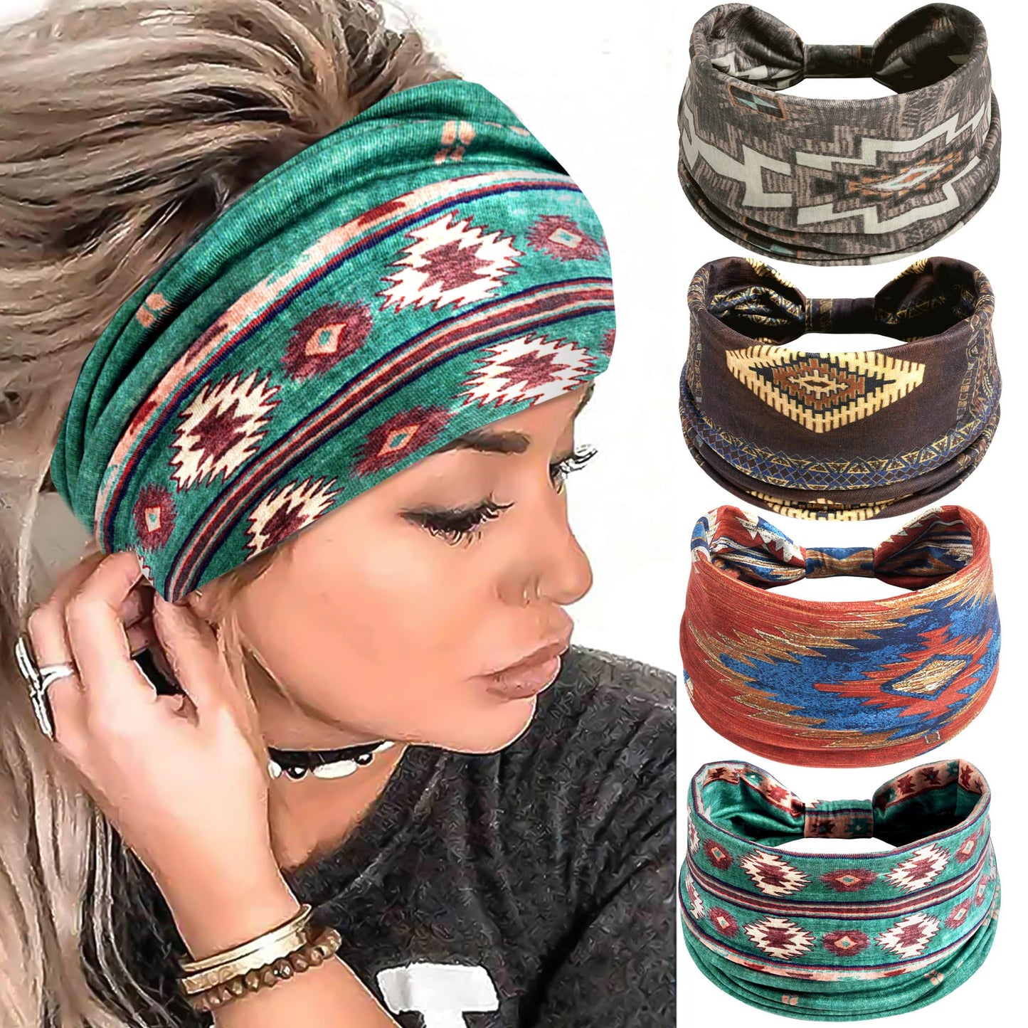 SAWINDA Boho Headbands for Women Wide Non Slip Stretch Knotted Headband Yoga Gym Accessories Spa Makeup Hair bands Head Scarf Bandanas for Girls 4 Pack