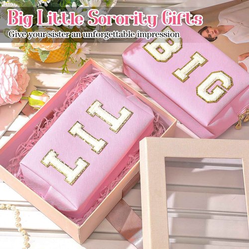 Hillban 2 Pieces Big Little Sorority Gifts Preppy Cosmetic Bag PU Leather Letter Patch Makeup Bag Portable Preppy Purse with Zipper Pouch Waterproof Travel Organizer for Women(Pink)