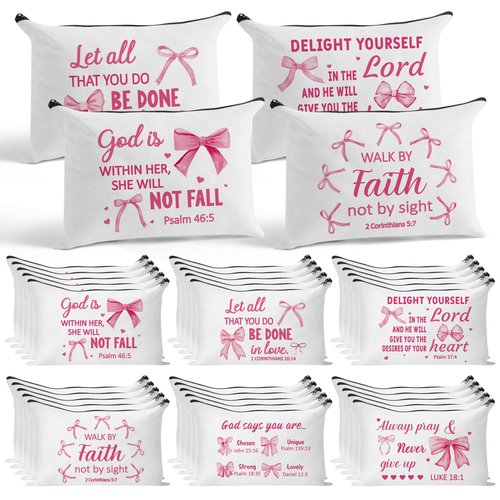 Y1tvei Bow Bible Cosmetic Bags - 30Pcs Pink Coquette Mini Bible Verse Makeup Bag with Zipper, White Canvas Large Capacity Cosmetic Bags Set Gifts Bulk for Women Girls Inspirational Church Party Favors