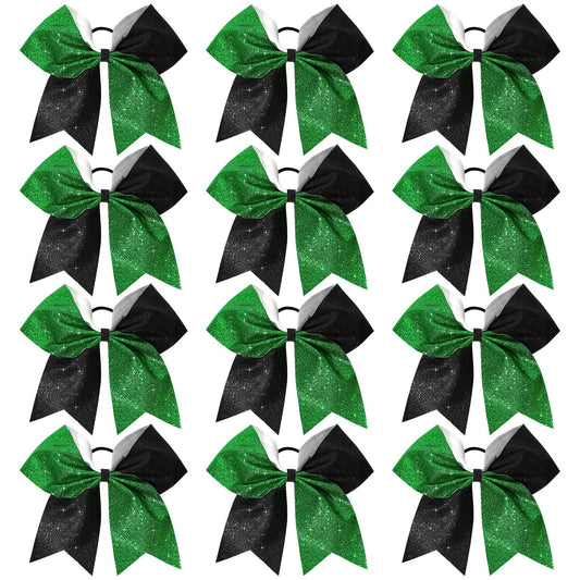 CEELGON Large Glitter Cheer Bows 12 PCS 8" Two Toned Ponytail Holder Girls Elastic Hair Ties for Teens Girls Softball Competition Sports Cheerleaders-Black/Green