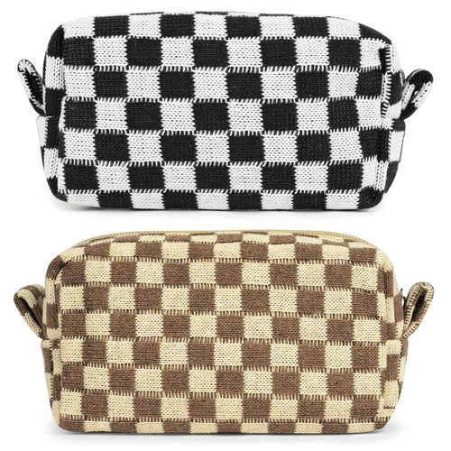 Aucuu 2 Pcs Checkered Makeup Bags, Portable Travel Toiletry Bag with Zipper, Makeup Bag Storage Cosmetic Bag for Women (Black&Light Brown)