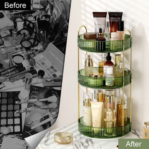 Weidace 360 Rotating Makeup Organizer for Vanity, Bathroom Countertop Spinning Perfume Organizer, High-Capacity Cosmetic and Skincare Dresser Make Up Holder Rack (3 Tiers, Green)