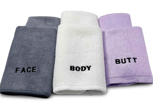 Crafty Cloth 6-Piece Washcloth Set – Face, Body, Butt Cloths | 3 Distinct Textures | Ultra-Soft, Rigid Exfoliation, and Hygiene Cloths for Sensitive Areas (Gray,White,Purple, Embroidered 6-Piece Set)
