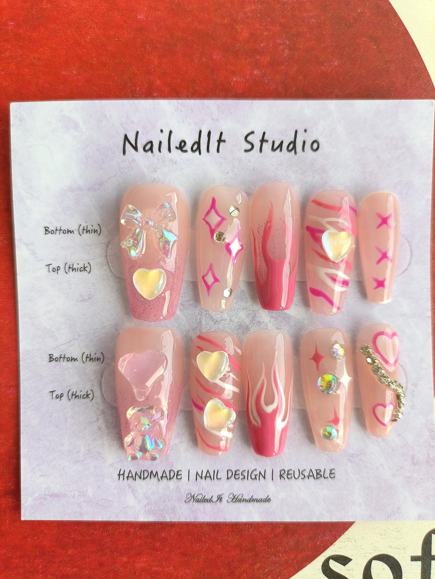 Handmade 10pcs Press on Nails Ballerina Coffin Almond Oval, Fake Nails for Women, Fit & Natural, Stick on Nails Acrylic Reusable Nails, False Nails with Toolkit (Medium, Pink Fire Y2K)