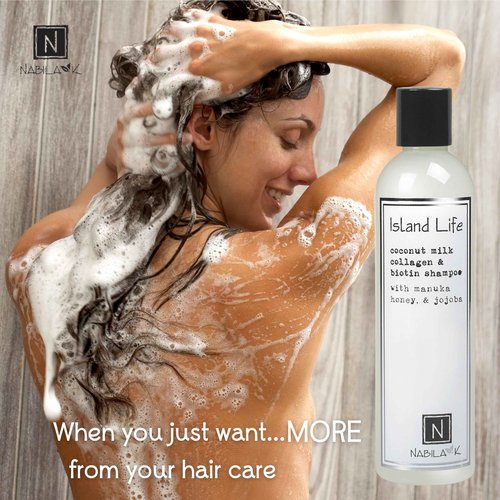 Nabila K Collagen & Biotin Shampoo, 9 oz – Island Life – Coconut Milk, Manuka Honey & Jojoba – Cleansing, Hydrating, Color-Safe – Sulfate-Free