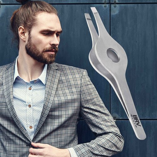 BRV MEN Wide Grip Slant Tweezers | Hand-Filed Slanted Tips for Ultra-Precision | Tweezers for Eyebrows & Nose/Ear/Facial Hair | Professional Tweezers for Women & Men - Silver
