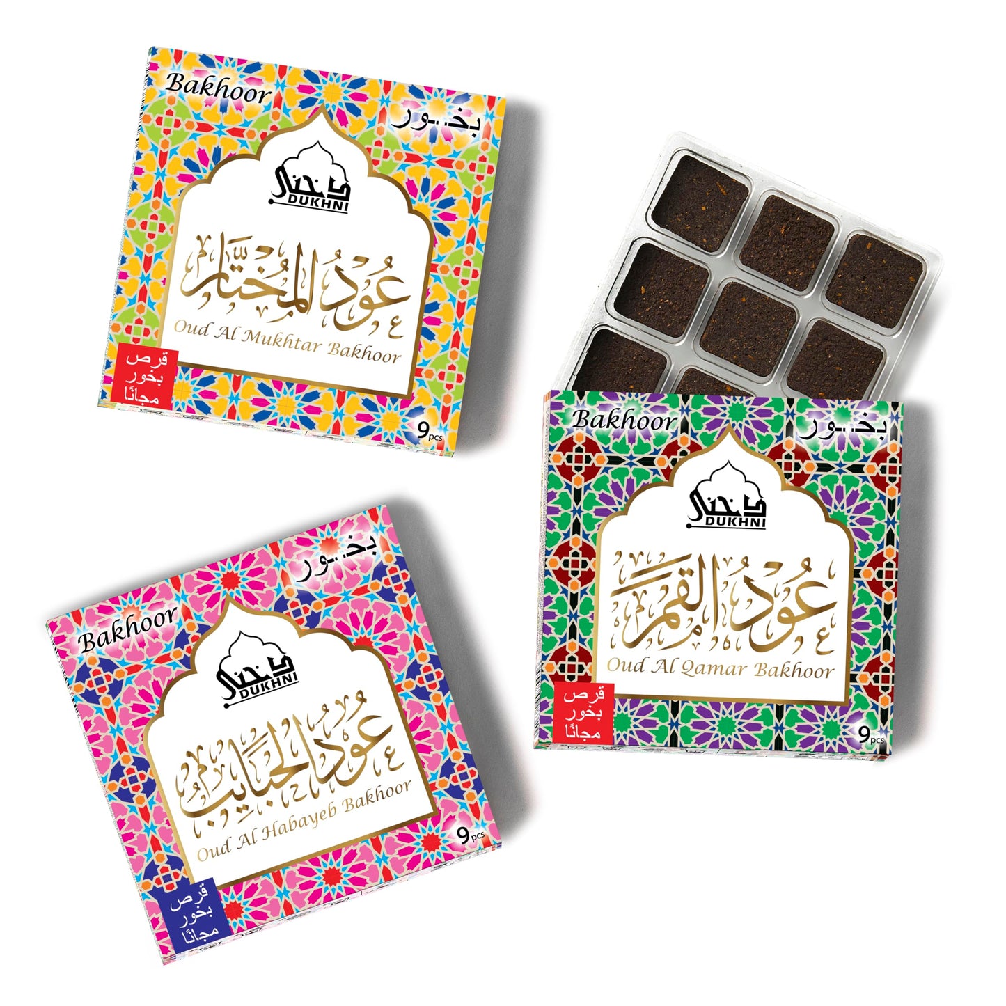 Oud Al Mukhtar, Oud Al Qamar, Oud Al Habayeb Bakhoor by Dukhni | 3 x 9 Piece Each | Assorted Arabic Bakhoor Incense | Perfect to Relax, Meditate & Pray | Rich, Luxurious, Long Lasting