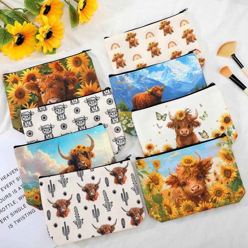 Bulyoou 8 Pcs Highland Cow Makeup Bag Bulk Western Cowgirls Gifts for Women Sunflower Daisy Floral Cow Print Makeup Bag Spring Highland Cow Lover Gifts for Mothers Day, Birthday
