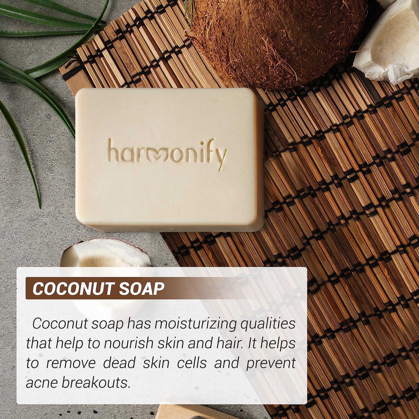 HARMONIFY All Natural Set of 3 Soap Bars, Mint, Coconut, Actived Charcoal with Wooden Soap Dish, Assortment of Hand-Made Soaps, Skin Revitalizing, Moisturizing, Healthy, Made in Europe