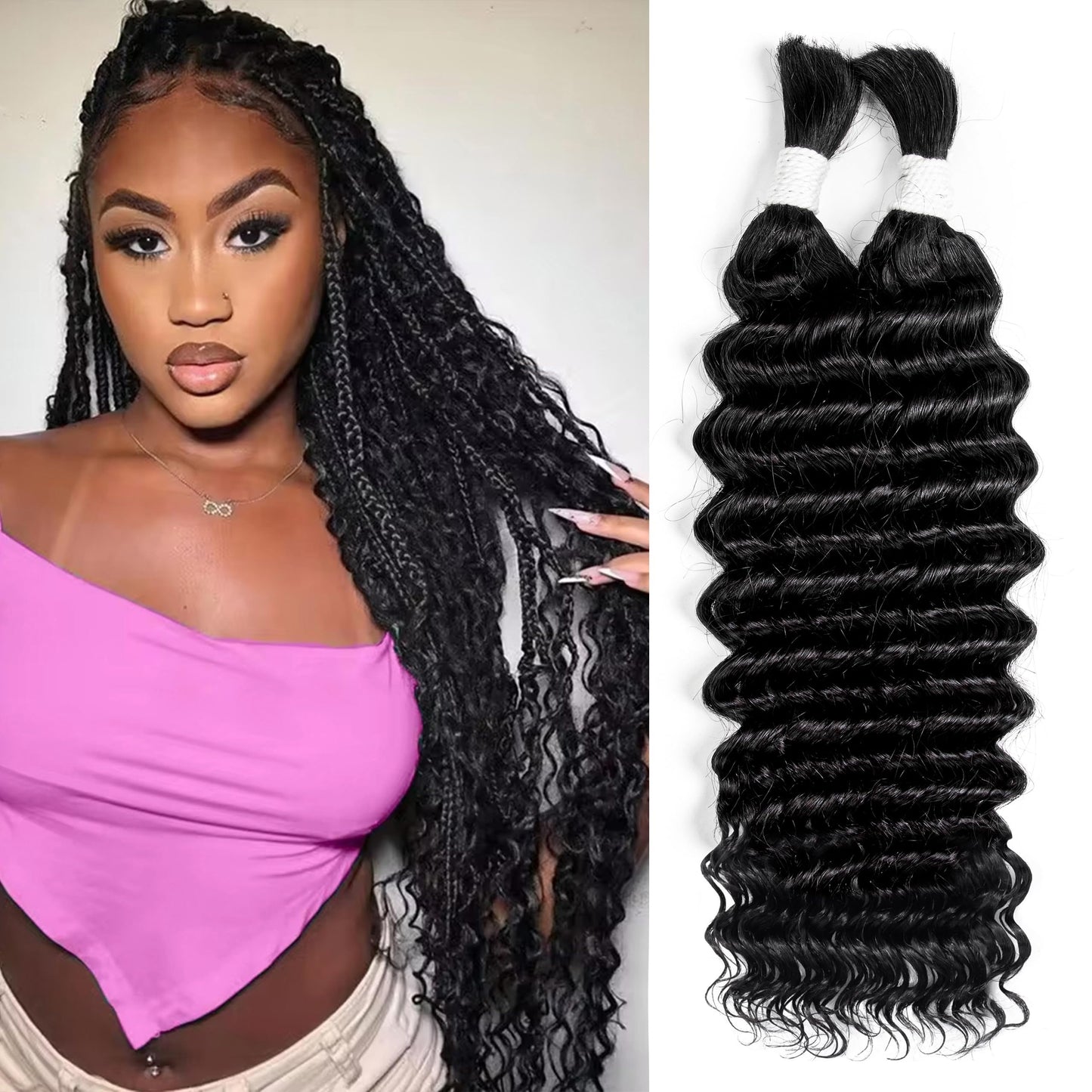 Human Braiding Hair 2 Bundles 100g 28 Inch Deep Wave Bulk Human Braiding Hair For Boho Braids No Weft Curly Boho Knotless Braids Wet And Wavy Brazilian Unprocessed Virgin Hair Extensions Natural Color