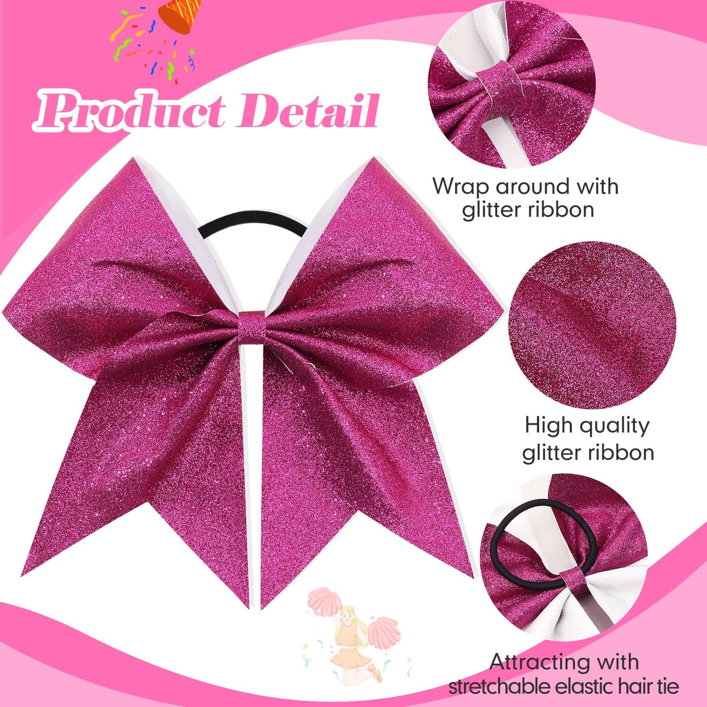 16PCS 8" Large Glitter Cheer Bows for Cheerleaders, CN Sparkly Hair Bows with Elastic Hair Ties Accessories for Teens Girls Women Cheerleading Softball Competition Sports (Hot Pink)