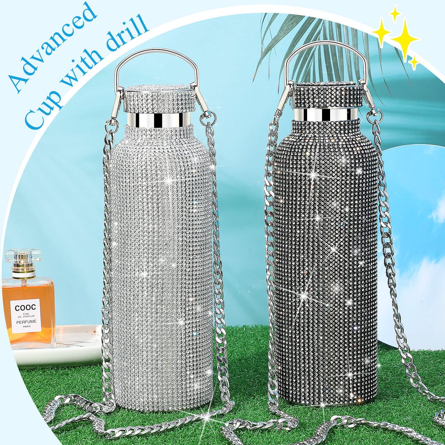 2 Pieces Bling Water Bottle Diamond Water Bottle Rhinestone Glitter Water Bottle with Chain Stainless Steel Thermal Bottle Bedazzled Refillable Water Bottle Gift for Women Girl (25 oz, Black, Silver)