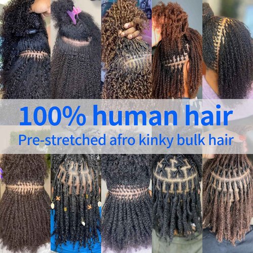 Pre-sretched Afro Kinkys Bulk Human Hair for Permanent Micro Locs/Twists/Braids/Repair Locs Afro Kinky Curly Bulk Length and Thickness Extending(#4,14inch 50g)