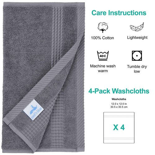 EastNBlue Lara 100% Turkish Cotton Washcloths 4 Pack, Extra Soft & Absorbent Wash Cloths for Face & Body (12" x 12"), Terry Cloth, Small Hand Towels for Bathroom, Dark Grey