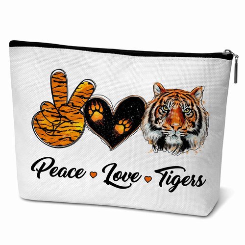 ONDTOM Tiger Print Makeup Bag, Animal Lover Gifts for Kids Women Friends, Peace Love Tigers Cosmetic Pouch, Tiger Gifts -B05