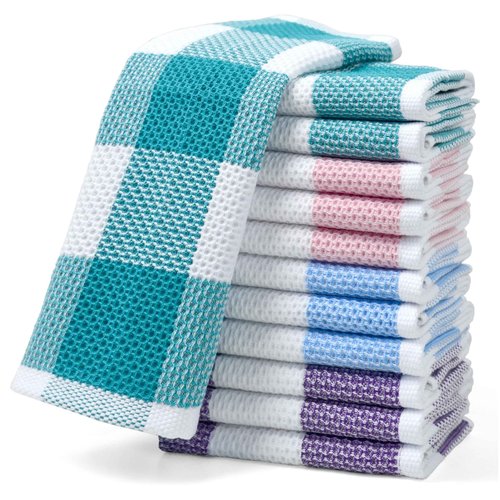 Checkered Washcloths 12 Pack – 100% Cotton Face Towels for Family Use, Quick-Dry & Soft, 13 x 13 in, Bathroom Towels in 4 Colors