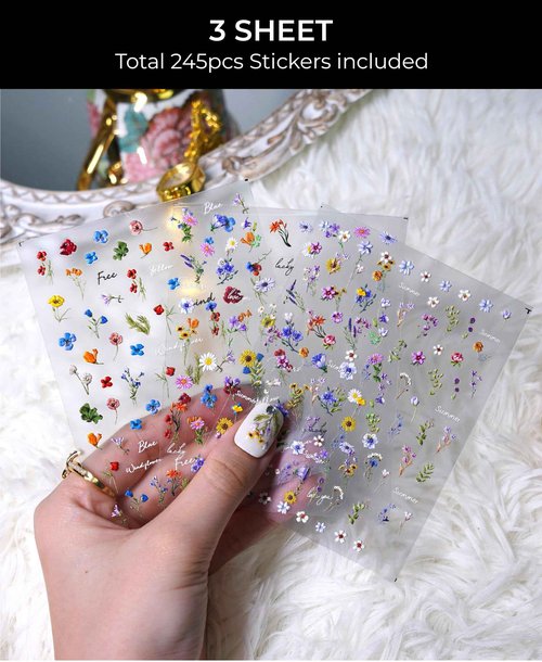 Beaolata Flower Nail Stickers for Nail Art - 3 Sheets 5D Embossed Iridescent Floral Trio Leaf Plant Designs Self-Adhesive Nail Decals for Women Manicure Salon Nails Art Decoration
