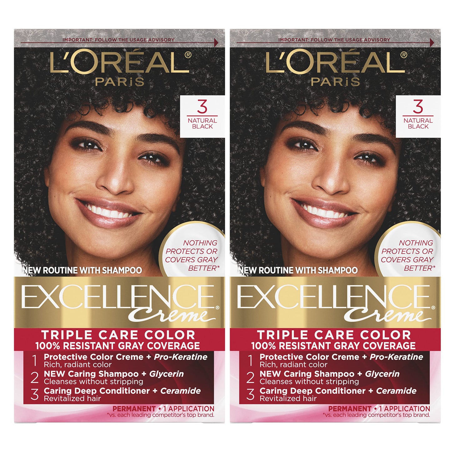 L'Oreal Paris Excellence Creme Permanent Hair Color, 3 Natural Black, 100 percent Gray Coverage Hair Dye, Pack of 2