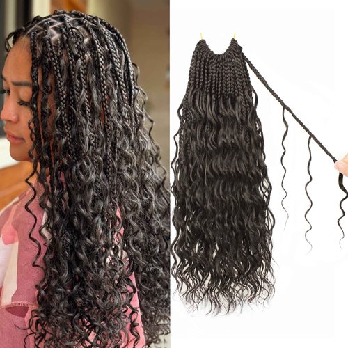 Goddess Box Braids Crochet Hair 14 inch Pure Protein Fiber Close to Human Hair 8 packs Boho Crochet Braids for Black Women Pre looped Bohemian Box Braid with Curly Ends Hair Extensions(14 inch, #4)