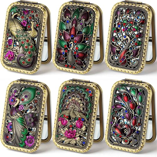 BrightRow 6 pcs Indian Return Gifts for Pooja Vintage Peacock Pattern Cosmetic Makeup Pocket Purse Magnification Jewel Mirror for Diwali Pooja Wedding Housewarming Favor (Bronze)