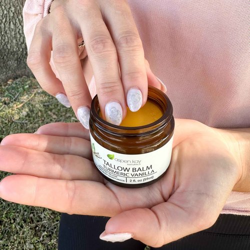 Aspen Kay Naturals Handmade 100% Grass Fed Beef Tallow Balm for Skin Care, Organic Turmeric Moisturizer + Vitamin C (Turmeric Vanilla) Organic Body Butter - 2 fl. oz. Made in USA