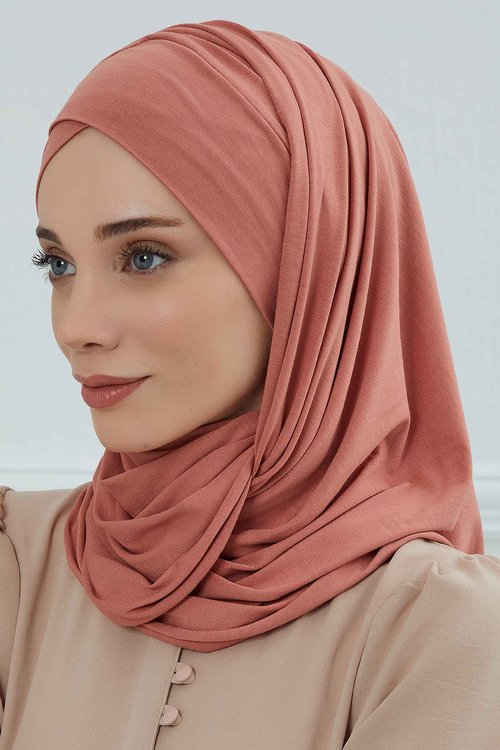 Aisha's Design Instant Turban Hijab Scarves for Women, 95% Cotton Pre-tied Jersey Head Wrap Bonnet & Shawl, Salmon