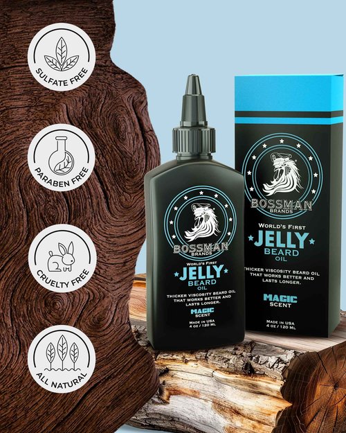 Bossman Jelly Beard Oil 4 oz + Mustache Wax for Men 1 oz Bundle | Natural, Organic, and Easy-to-Apply Styling Products – Made in the USA