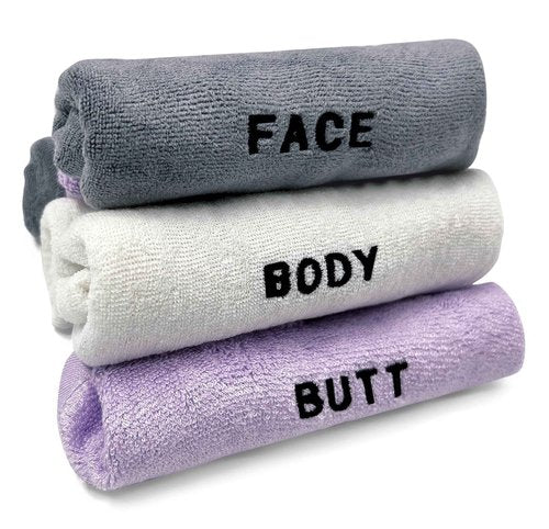 Crafty Cloth 6-Piece Washcloth Set – Face, Body, Butt Cloths | 3 Distinct Textures | Ultra-Soft, Rigid Exfoliation, and Hygiene Cloths for Sensitive Areas (Gray,White,Purple, Embroidered 6-Piece Set)