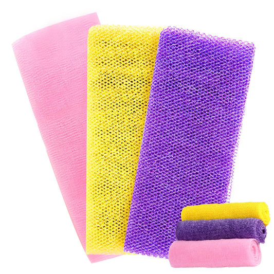 Olaemuo 2 Pieces African Net Bath Sponge Authentic &1Pieces Korean Exfoliating Washcloth Loofah for Women Men,Nylon African Exfoliating Net Sponge Shower Scrubber for Body Daily Use,Pink Yellow Purple