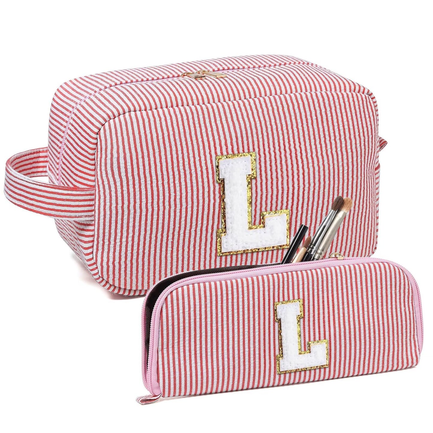 Avgiedy 2Pcs Makeup Bag, Cute Cosmetic Bag, Personalized Initial Preppy Large Capacity Travel Makeup Bag Organizer, Makeup Bag is for Mother, Wife, Friends Birthday, Valentine's Day Gifts-Pink