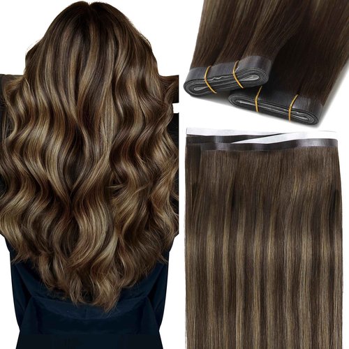 Caliee 16 Inch Long Weft Tape in Hair Extensions 50G One Piece Tape in Hair Extensions Invisible Color R2-2/6 Darkest Brown with Chestnut Brown Soft Wide PU Weft 31.5"(80cm)