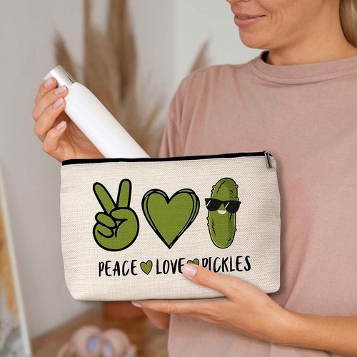 Peace Love Pickles Small Makeup Bag Pickle Lover Makeup Travel Toiletry Bags Funny Friendship Gifts for Women Pickle Lovers Girls Teens Sister-A01