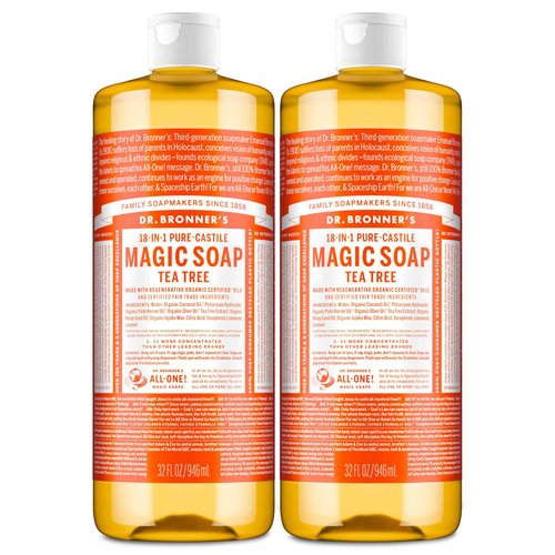 Dr. Bronner's Pure-Castile Magic Soap Liquid (Tea Tree, 32 ounce, 2-Pack) - Made with Regenerative Organic Certified Oils, 18-in-1 Uses: Body, Hair, Laundry & Dishes, Concentrated, Vegan, Non-GMO