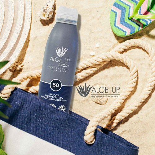 ALOE UP Sport Continuous Spray Sunscreen SPF 50 - Broad Spectrum UVA/UVB Sunscreen Protector for Face and Body - With Aloe Vera Gel - Fast Absorbing Sheer Formula - Reef Safe - Fragrance-Free - 6 Oz