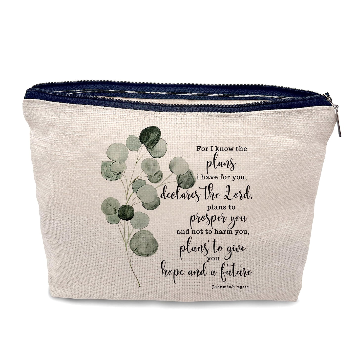 Nogrit Bible Scripture Jeremiah 29:11 for I Know the Plans I Have for You Watercolor Eucalyptus Leaf Makeup Cosmetic Bag,Christian Religious Linen Makeup Travel Toiletry Bag,Christian Gifts for Women